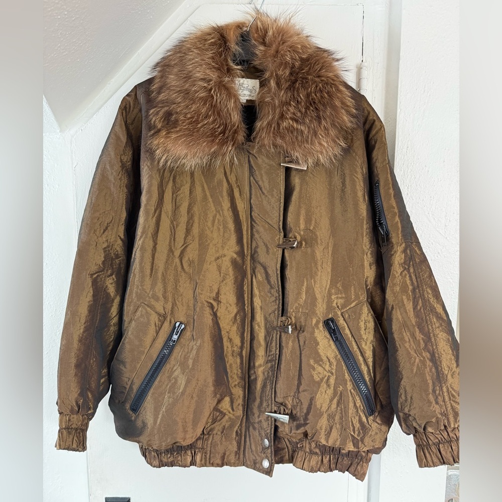 Vintage Nylon Bomber Style Jacket with Real Fur Removable Collar Large